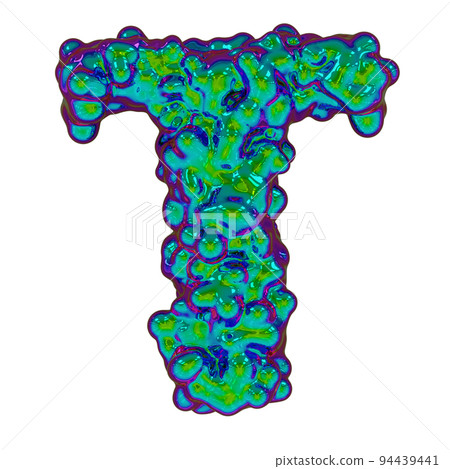 Letter T made of iridescent liquid with small drops, isolated on white, 3d rendering 94439441