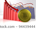 Gold bitcoin coin with downtrend charts on white background, bitcoin price falling concept, 3d rendering 94439444
