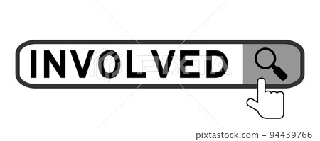 Search banner in word involved with hand over magnifier icon on white background Search banner in word involved with hand over magnifier icon on white background 94439766