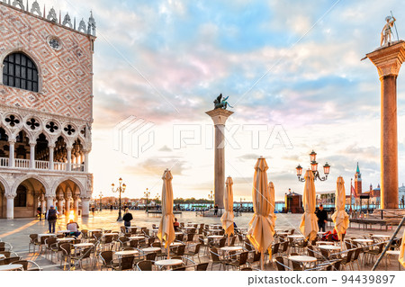 Venetian Cafe near Column of San Teodoro at sunrise, Venice, Italy Venetian Cafe near Column of San Teodoro at sunrise, Venice, Italy 94439897