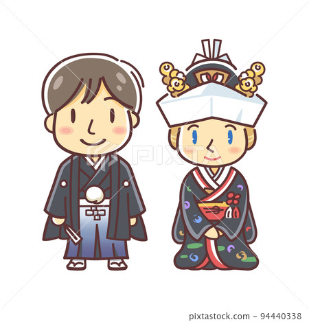 Illustration of an international marriage couple (kimono wedding, corner hidden, color uchikake and hakama) 94440338
