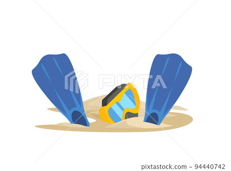 Scuba diving flippers and mask in sand on the beach, flat vector illustration isolated on white background. 94440742