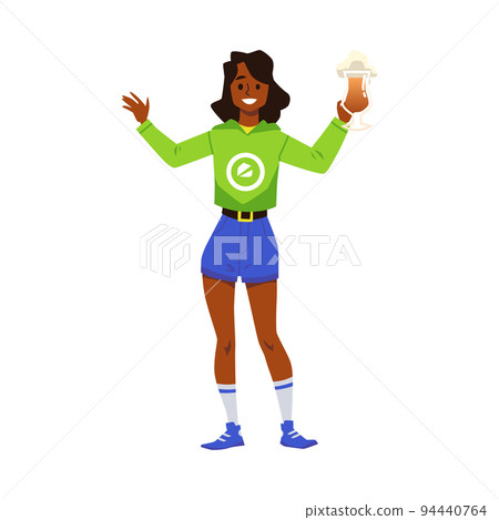 Happy young woman with glass of beer with foam, flat vector illustration isolated on white background. Happy young woman with glass of beer with foam, flat vector illustration isolated on white background. 94440764