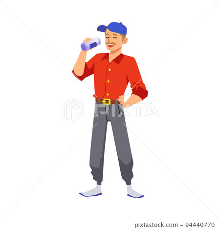 Happy man drinking beer from can, flat vector illustration isolated on white background. 94440770