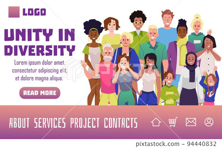 Unity and diversity website with multi ethnic people, flat vector illustration. 94440832