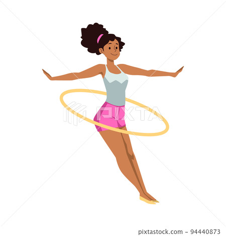 Slim brunette woman spinning a hoop flat cartoon vector illustration isolated. 94440873
