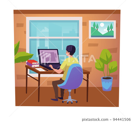 Graphic designer working on laptop at home, freelance or home office - flat vector illustration. 94441506