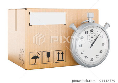 Parcel with stopwatch. Fast delivery concept, 3D rendering Parcel with stopwatch. Fast delivery concept, 3D rendering 94442179