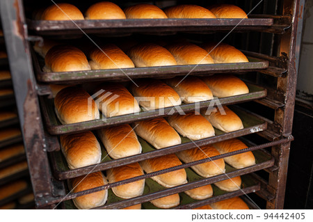 Freshly baked bread loafs on a shelf 94442405
