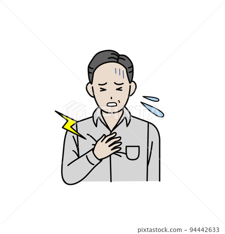 Middle-aged man with chest pain, chest pain, myocardial infarction, heart attack, heart disease, angina, disease, symptoms, illustration 94442633