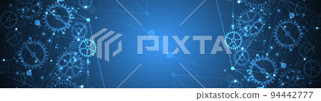 Abstract blue technological background. Structure square pattern with cogwheels and plexus effect. Vector 94442777