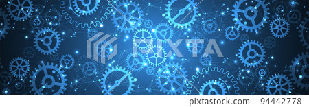 Abstract blue technological background. Structure square pattern with cogwheels and plexus effect. Vector 94442778