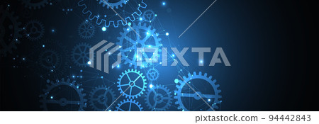 Abstract blue technological background. Structure square pattern with cogwheels and plexus effect. Vector 94442843