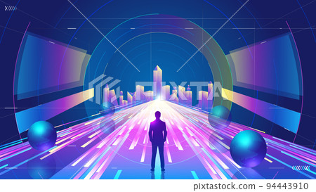 通往未来城市霓虹隧道未来科技空间感背景 94443910