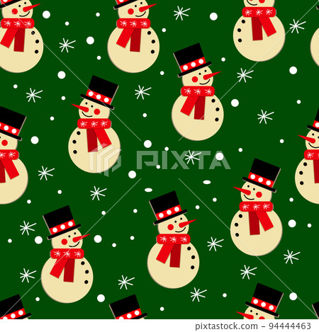 Cute snowmen on a green background with snowflakes. Background, print, vector 94444463