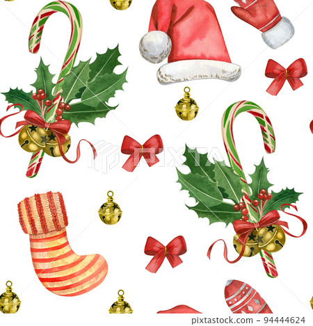 Seamless watercolor pattern on a Christmas theme. Socks, bells, red bows hand-painted in watercolor on a white background. Suitable for fabric printing, scrapbooking 94444624