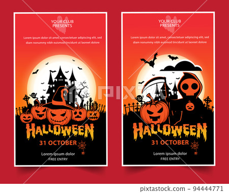 Halloween night party background with pumpkins, full Moon, Halloween banner vectot Halloween night party background with pumpkins, full Moon, Halloween banner vectot 94444771