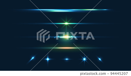 Horizontal lens flares pack and stars. Laser beams, horizontal light rays. beautiful light flares. glowing streaks on dark. luminous abstract sparkling lined background. glowing streaks. vector 94445207