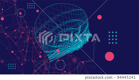 Outline of a human head with an abstract wave. Plexus effect. 94445241