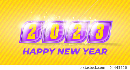 2023 Happy new year horizontal web banner background and 2023 greeting card, cover with text. vector 2023 new year sticker, label, icon, logo and badge isolated on stylish orange modern background 94445326