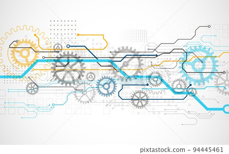 Abstract technology cogwheel concept. Circuit board, high computer color background. Vector illustration with space for content, web - template, business tech presentation. 94445461