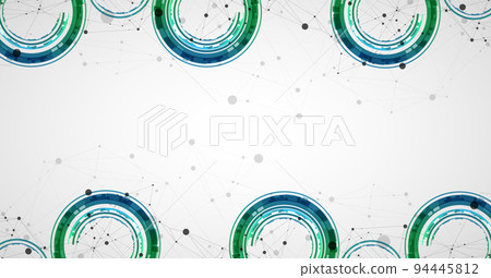 Technical background with plexus effect and wave made of techno circles. Technical background with plexus effect and wave made of techno circles. 94445812