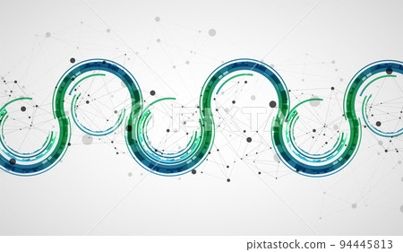Technical background with plexus effect and wave made of techno circles. Technical background with plexus effect and wave made of techno circles. 94445813