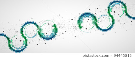 Technical background with plexus effect and wave made of techno circles. Technical background with plexus effect and wave made of techno circles. 94445815