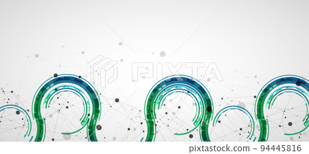 Technical background with plexus effect and wave made of techno circles. 94445816
