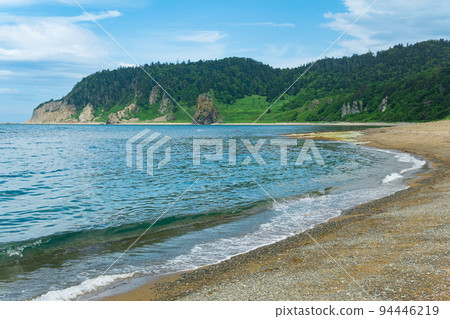 coastal landscape, pebble beach and beautiful wooded rocks on the green coast of Kunashir island 94446219