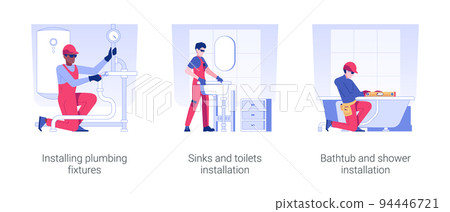 Plumbing services isolated concept vector illustration set. Installing plumbing fixtures, sinks and toilets, bathtub and shower installation in a new apartment, interior works vector cartoon. 94446721