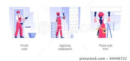 Wall coverings isolated concept vector illustration set. Finish coat, applying wallpapers with glue and brush, place wall trim, crown molding and corners, interior works vector cartoon. 94446722