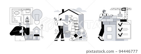House renovation abstract concept vector illustration set. Residential electrical construction, painter services, quality control, interior and exterior, lighting and appliance abstract metaphor. House renovation abstract concept vector illustration set. Residential electrical construction, painter services, quality control, interior and exterior, lighting and appliance abstract metaphor. 94446777