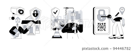 Security solutions abstract concept vector illustration set. Security systems design, construction site protection, access control system, commercial building, authorize entry abstract metaphor. 94446782