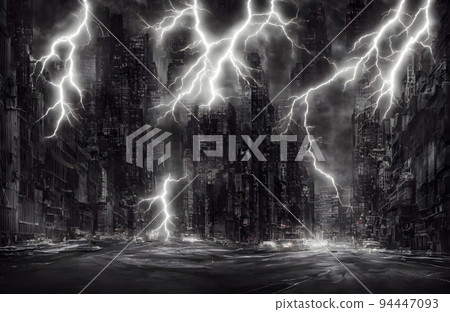 Lightning strikes over the skyline of fantasy city 94447093