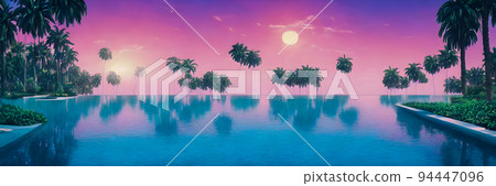 Fantasy Island. Palm trees, Sunset sea landscape. Colorful ocean beach sunrise 94447096