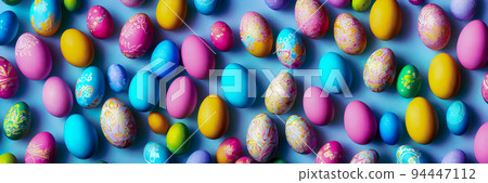 Colorful Easter Eggs Background. Banner size. 3D 94447112