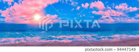 Fantasy Island. Palm trees, Sunset sea landscape. Colorful ocean beach sunrise Fantasy Island. Palm trees, Sunset sea landscape. Colorful ocean beach sunrise 94447149