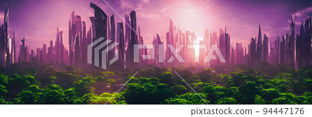 Green city of the future. Eco City of the future. Harmony of city and nature. Sunrise in the big city. Banner size 94447176