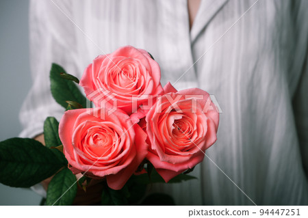 Female hands with flower. Woman in white shirt holding tender pink Rose Flower in Hands. Close up view on flower. 94447251