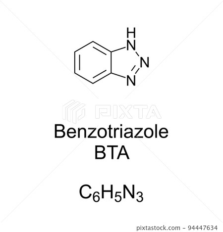 Benzotriazole, BTA, chemical formula and structure. Effective corrosion inhibitor for copper and its alloys by preventing undesirable surface reactions. Silver protectants in dishwashing detergents. 94447634