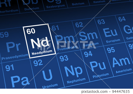Neodymium, on periodic table. Rare earth metal in lanthanide series, with atomic number 60 and element symbol Nd, from Greek neos didymos, meaning new twin. Used for lasers and high strength magnets. Neodymium, on periodic table. Rare earth metal in lanthanide series, with atomic number 60 and element symbol Nd, from Greek neos didymos, meaning new twin. Used for lasers and high strength magnets. 94447635