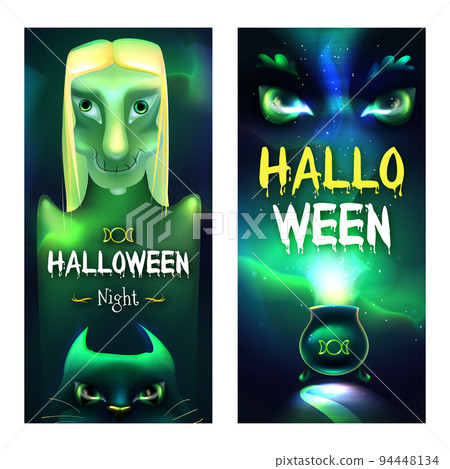 Halloween night poster with scary witch, magic cat and green potion Halloween night poster with scary witch, magic cat and green potion 94448134