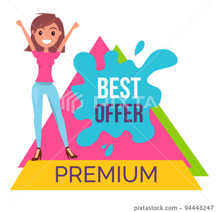 Happy young girl with raised up hands, best offer, premium, promotional banner for shops, discount Happy young girl with raised up hands, best offer, premium, promotional banner for shops, discount 94448247