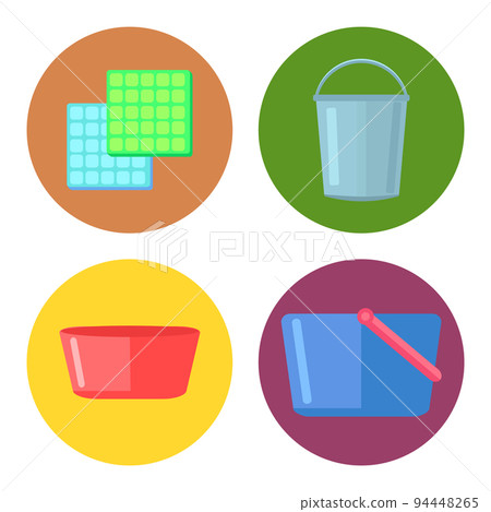 Isolated cleaning rag, bucket, plastic bowl, blue bucket with handle, set of washing cleaning tools Isolated cleaning rag, bucket, plastic bowl, blue bucket with handle, set of washing cleaning tools 94448265