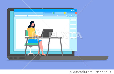 Businesswoman sitting at table with laptop, working in internet, social network, faceless character 94448303