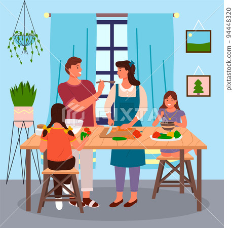 Young mom and dad cooking with daughters at kitchen, people sitting, standing near kitchen table 94448320