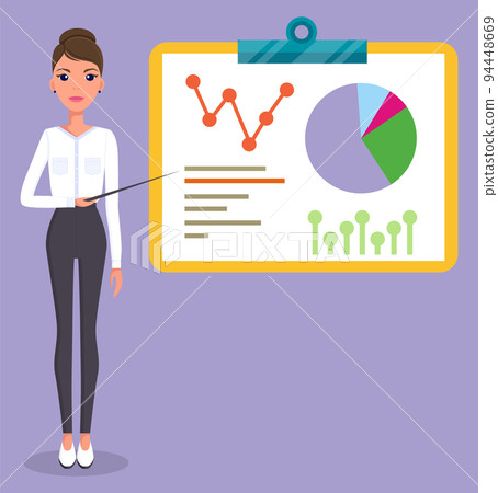 Woman with pointer show presentation, Office worker stylish businesswoman standing near board 94448669