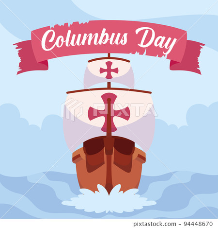 Front view of a wooden caravel Columbus day poster Vector 94448670