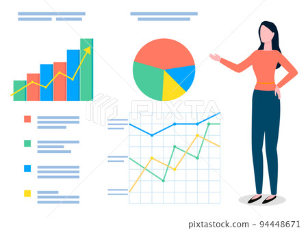 Woman stands and points to large stand with analytical data, charts, bar and pie charts, flat image Woman stands and points to large stand with analytical data, charts, bar and pie charts, flat image 94448671